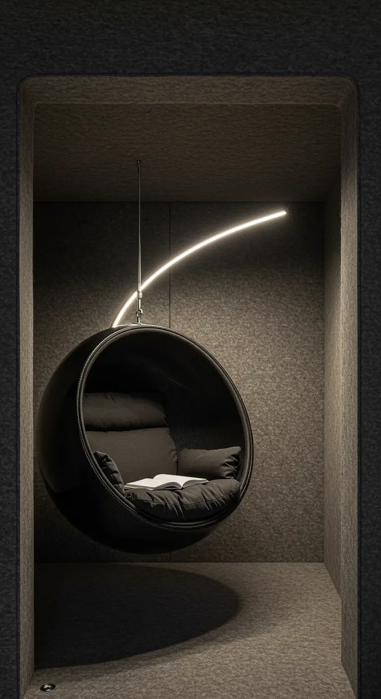 A reading nook with a black hanging pod chair illuminated by a curved LED light.
