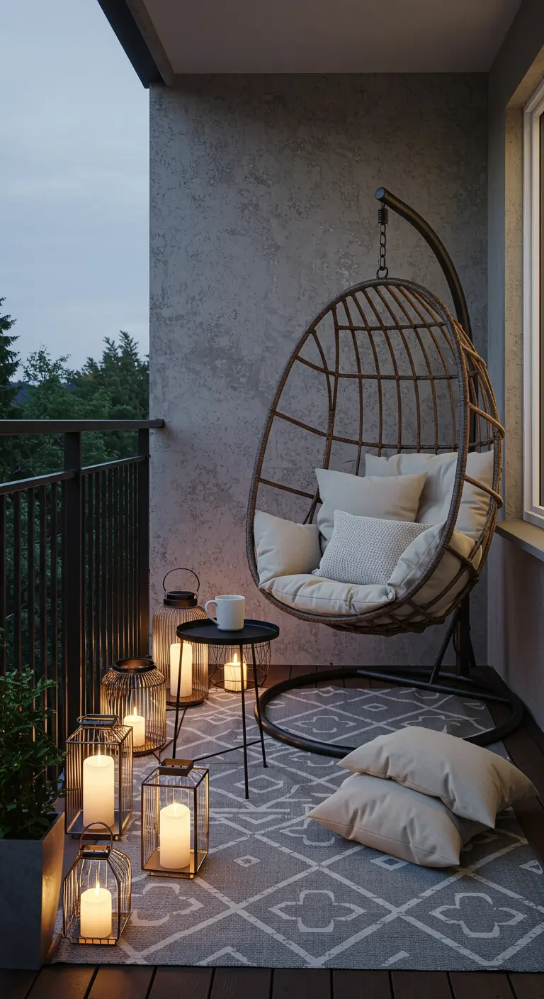 A cozy balcony corner with a hanging egg chair, lanterns, and a grey patterned rug.