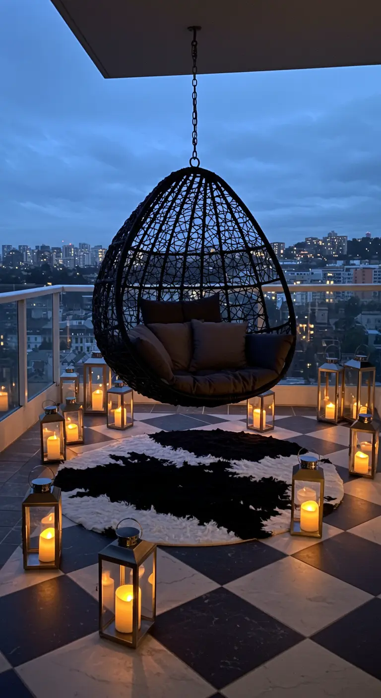 A black hanging egg chair on a balcony at dusk, surrounded by glowing lanterns on a checkered floor.