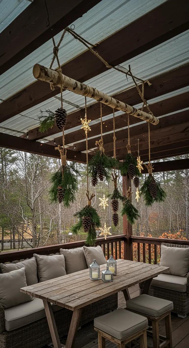 A birch branch hung over a patio table, decorated with hanging pine, pinecones, and snowflakes.