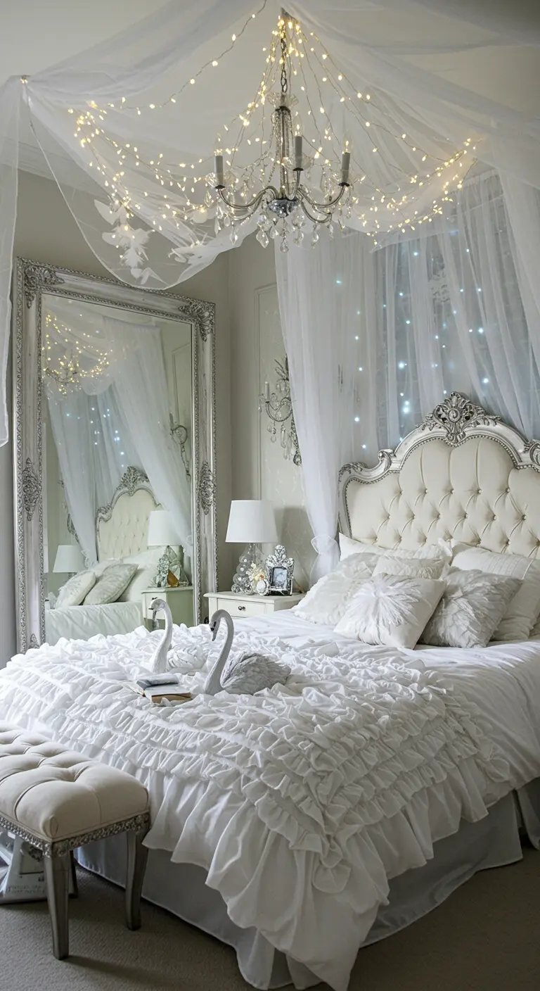 All-white romantic bedroom with a tufted headboard, canopy, and swan decor.