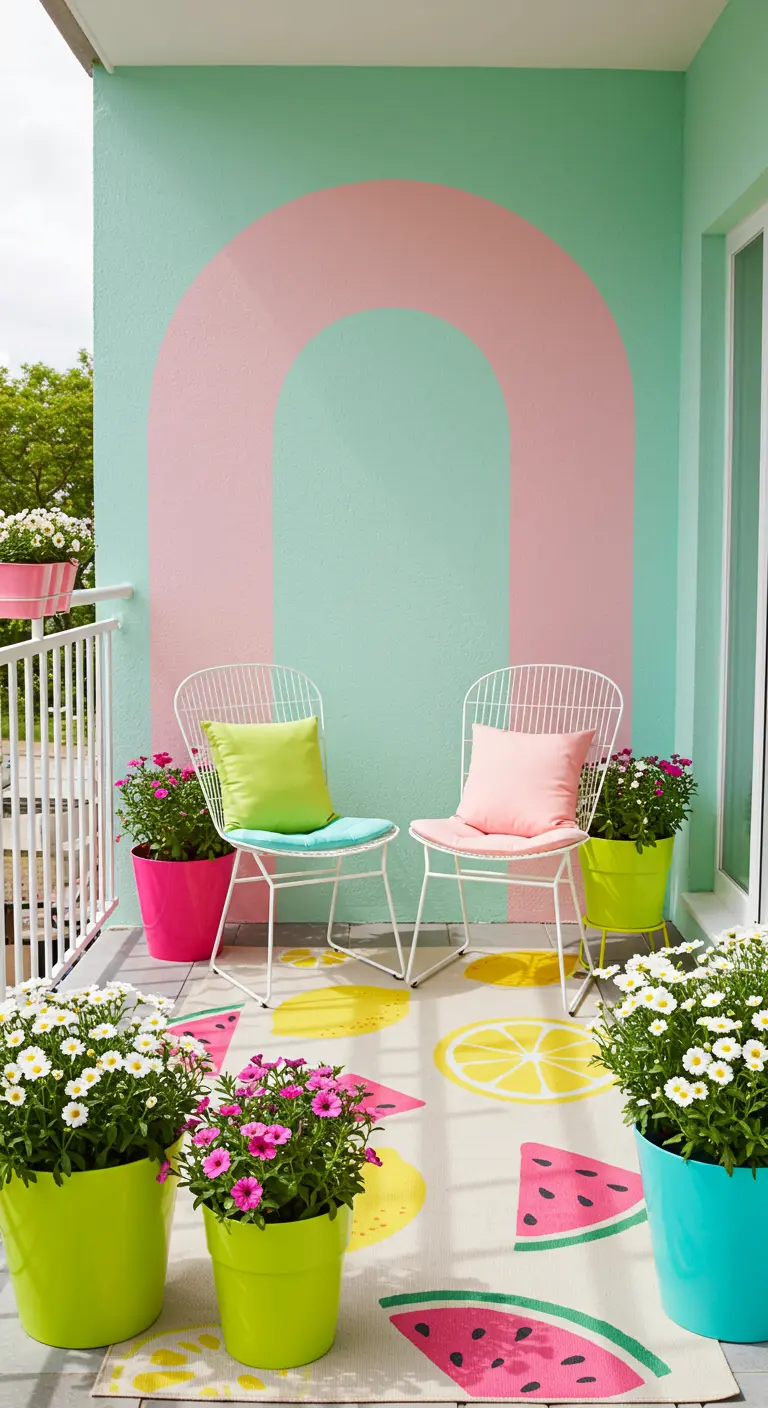 A mint green balcony wall with a large pink arch painted on it and a watermelon-themed rug.