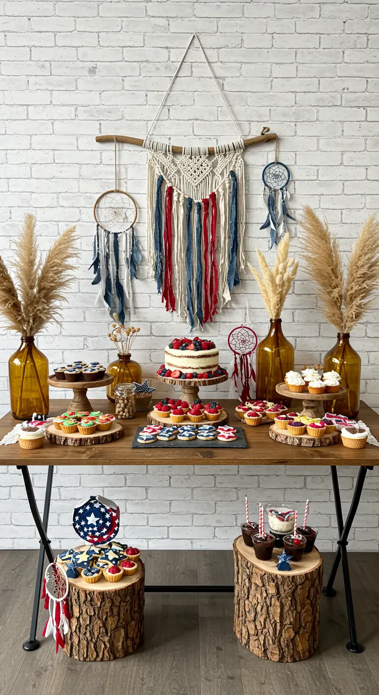 A boho 4th of July dessert table with a macrame backdrop and dreamcatchers against a white brick wall.