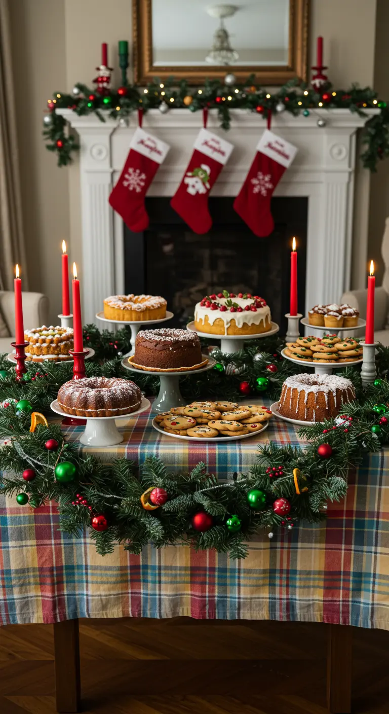 Christmas dessert table with a colorful plaid cloth, garland, and cakes on stands.