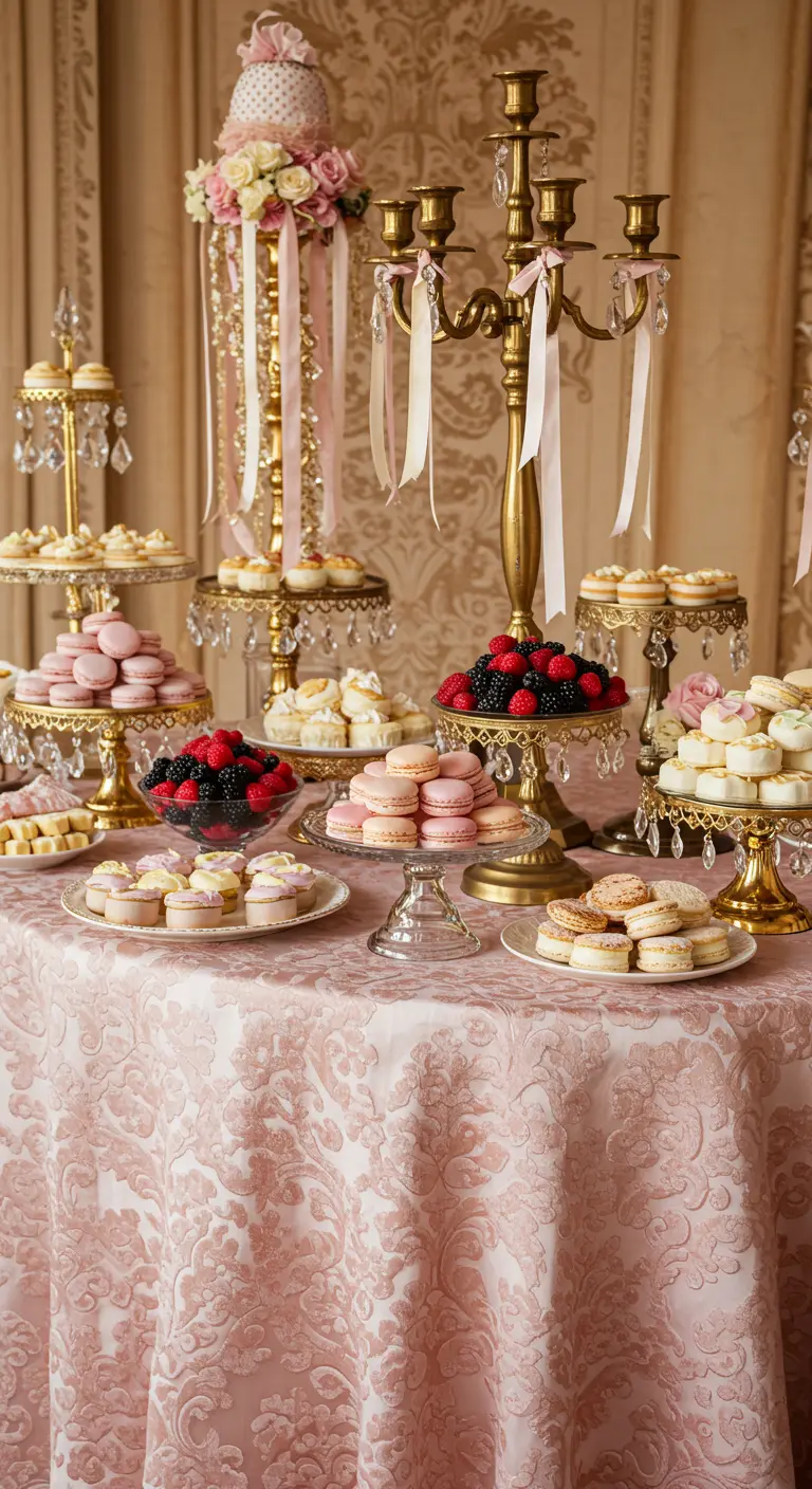 A lavish dessert table with a pink damask tablecloth, filled with macarons, cakes, and berries.