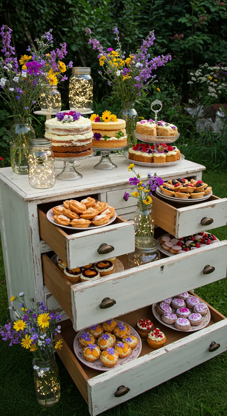A vintage white dresser with open drawers used as a dessert buffet in a garden.