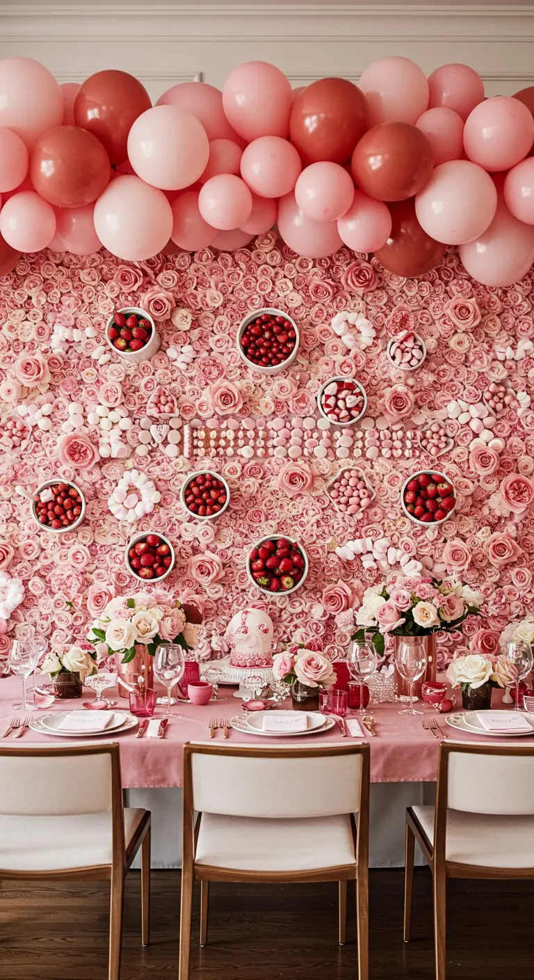 A pink rose wall with inset bowls holding strawberries and pink candies.
