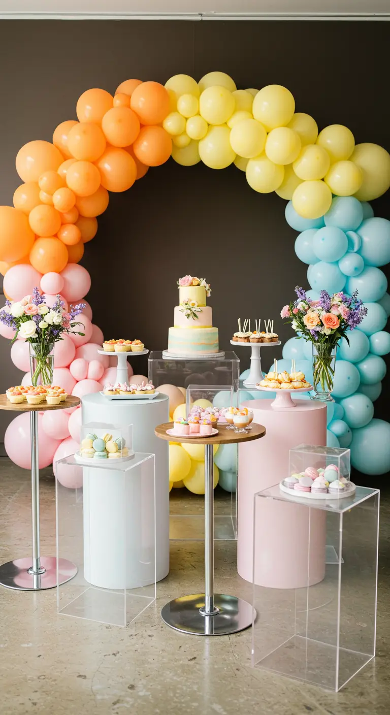 A full pastel rainbow balloon arch over a dessert table with colorful stands.