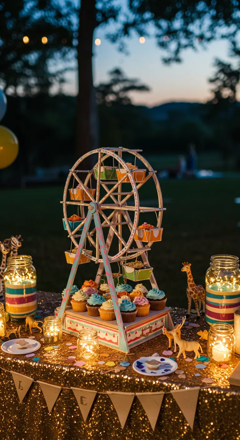 A miniature white ferris wheel holding cupcakes on a gold sequin tablecloth at night.
