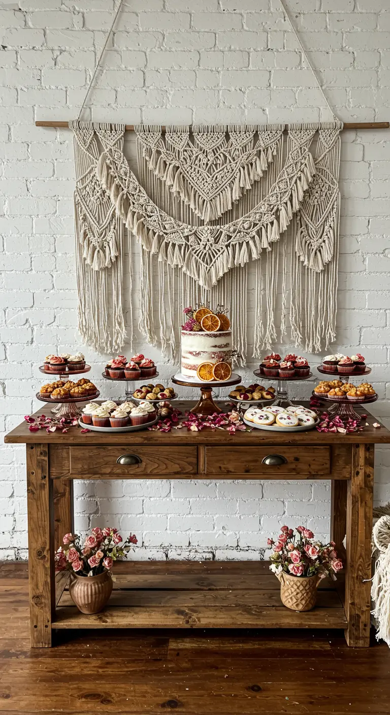 A dessert table with a macramé backdrop, featuring a cake with dried oranges and various cupcakes.