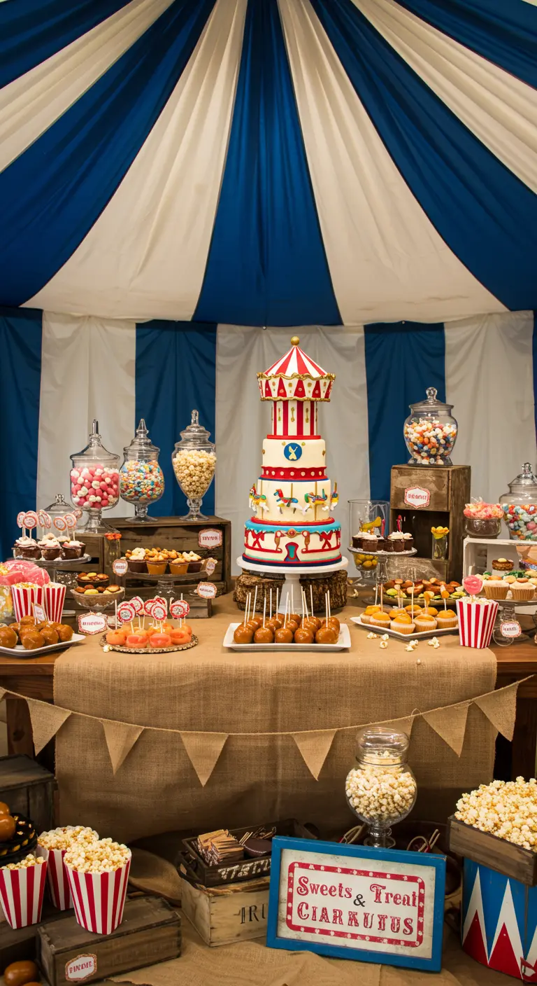 Carnival candy buffet with a carousel cake and popcorn.