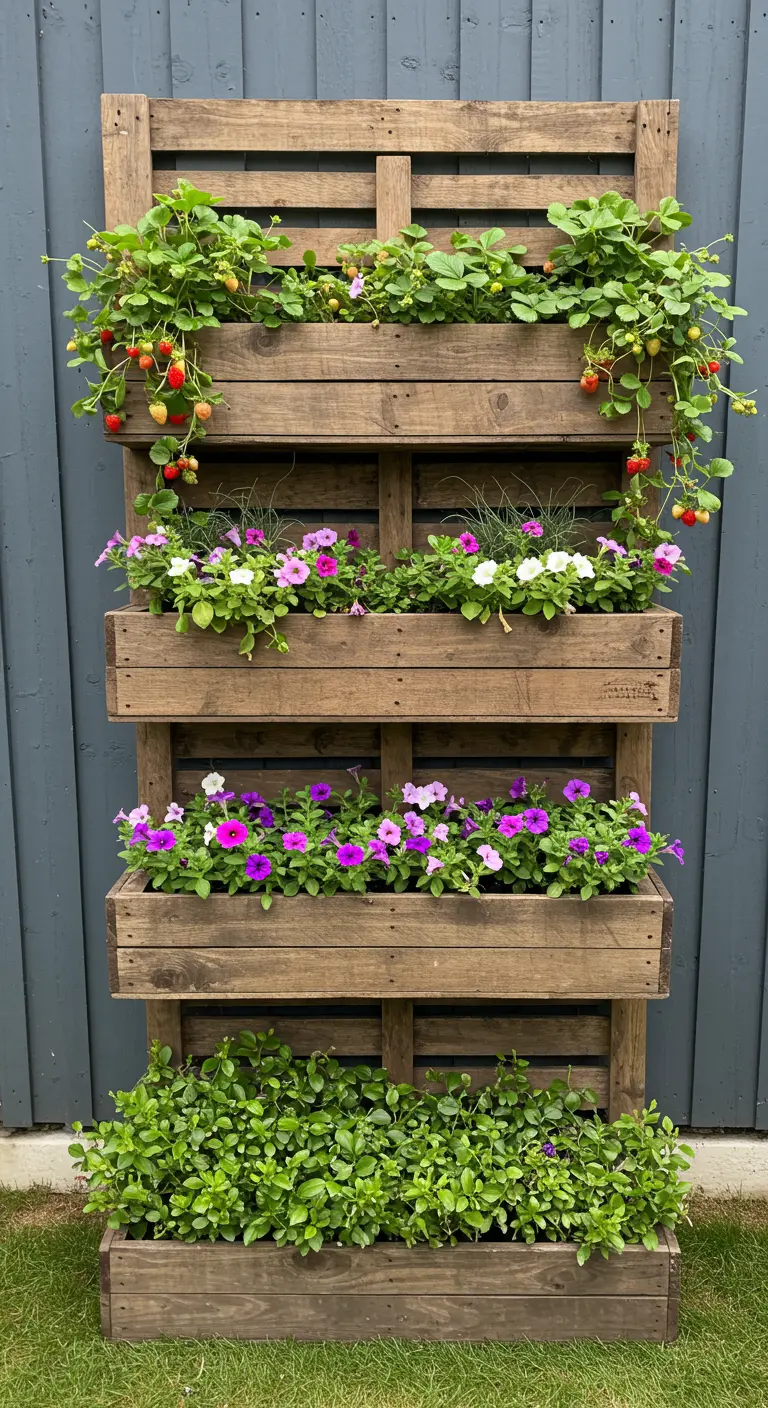 A vertical pallet garden with strawberries growing from the top and petunias and other flowers below.