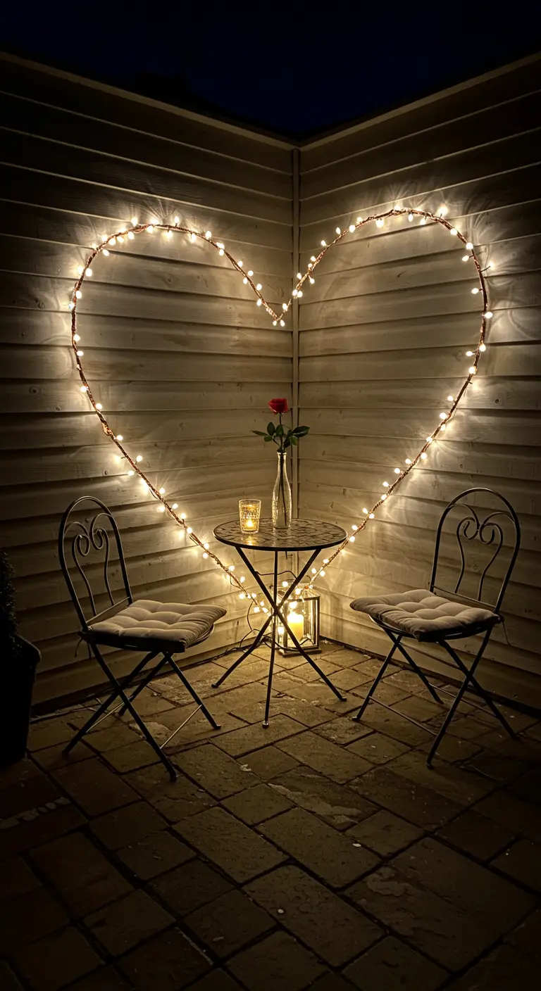 A large heart shape made of copper and lights on a wall behind a small table for two.