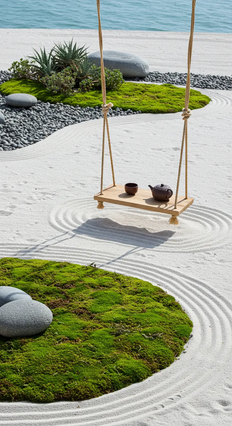 A simple plank swing hanging over a raked sand Zen garden with moss islands.