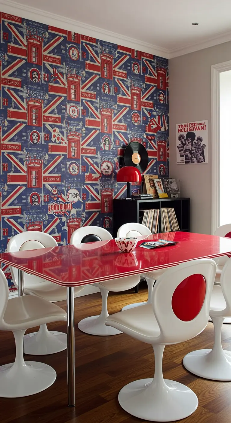 Dining space with a British-themed wallpaper, red table, and white pedestal chairs.
