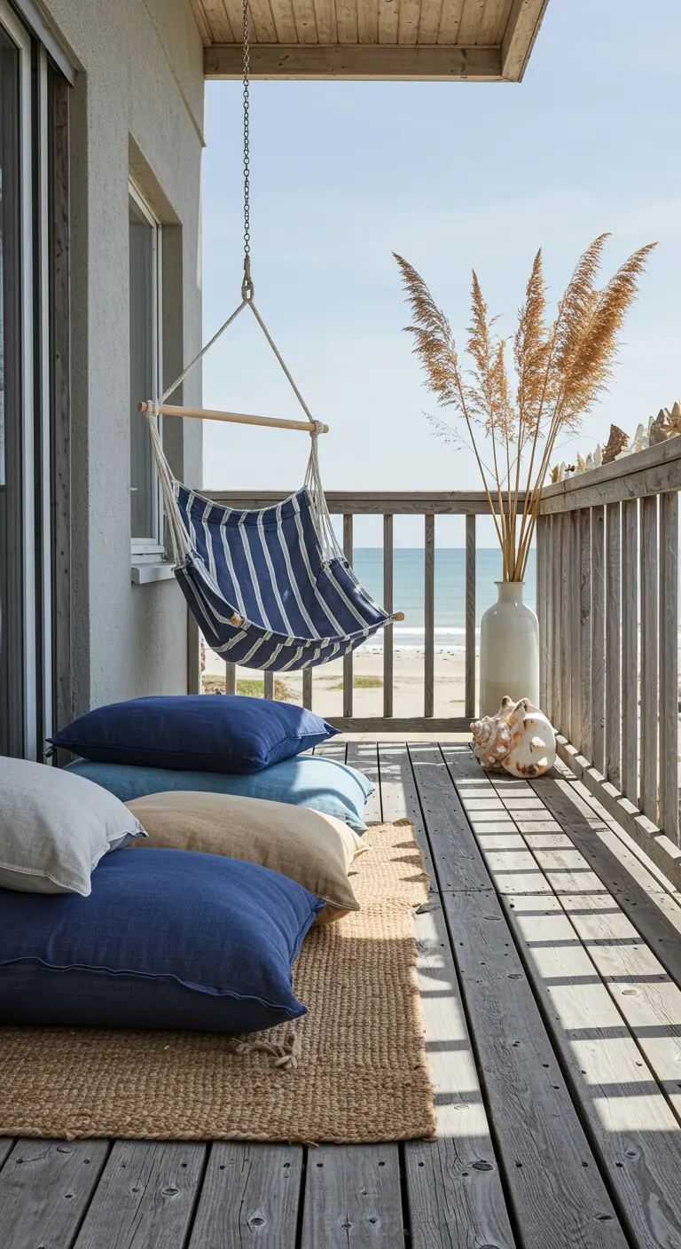 A balcony with a hanging striped chair, floor cushions, and tall pampas grass.