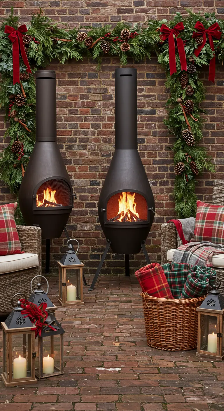 A brick patio with two black chimineas, plaid pillows, and a festive evergreen garland.