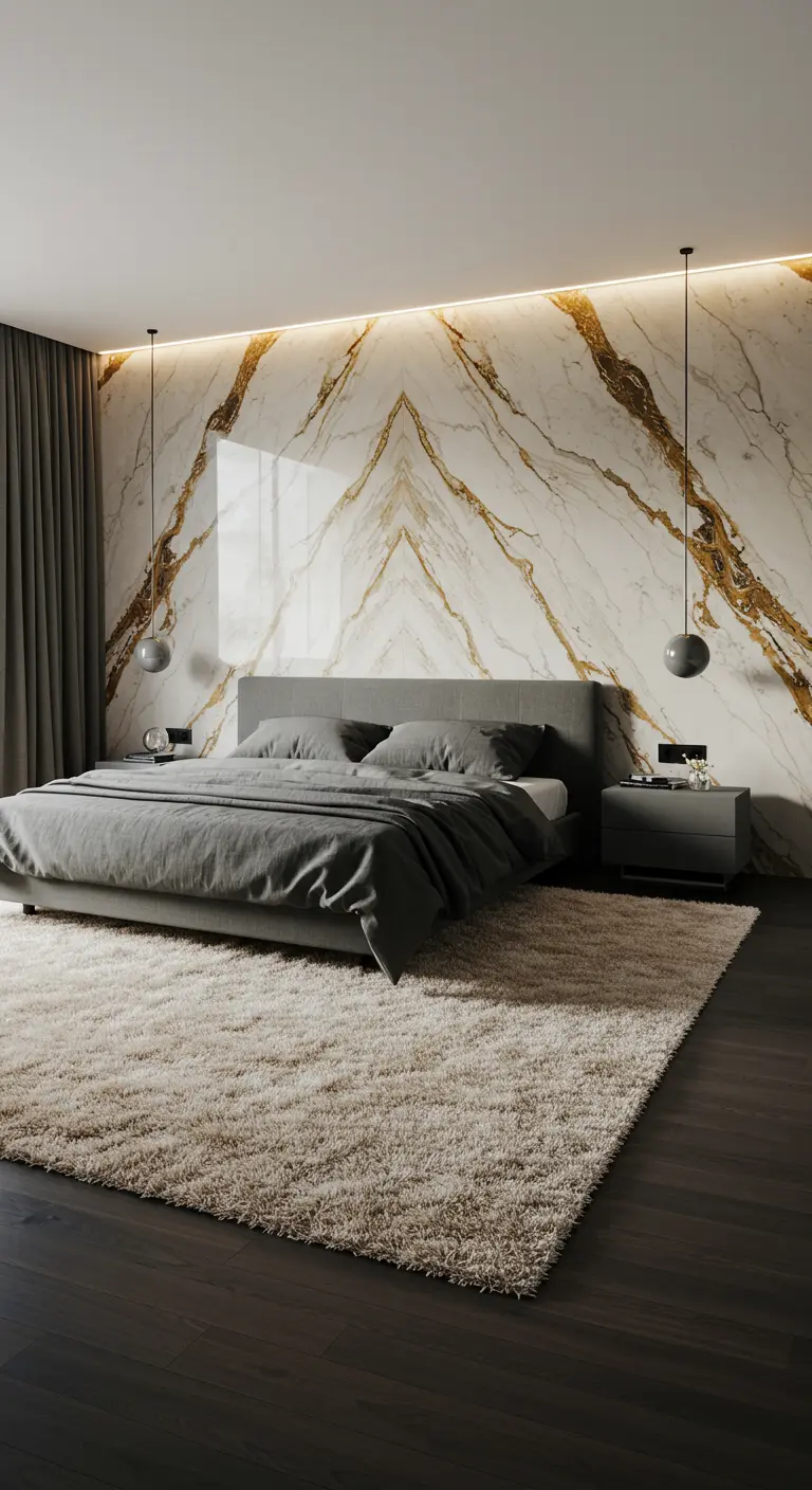 A modern bedroom with a grey bed and a book-matched white marble wall with dramatic gold veins.
