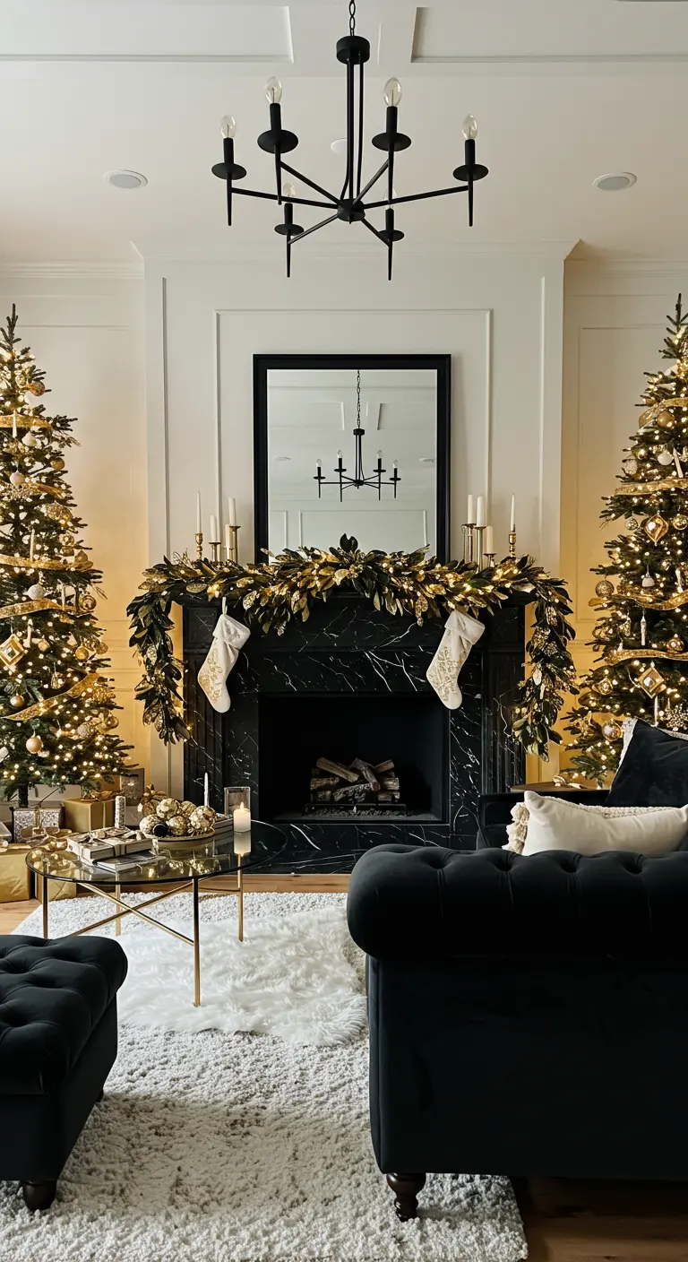 Living room with two Christmas trees flanking a black marble fireplace.