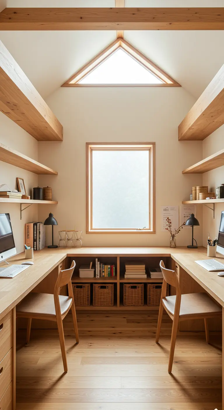 Symmetrical home office with two wood desks facing each other under a vaulted ceiling.