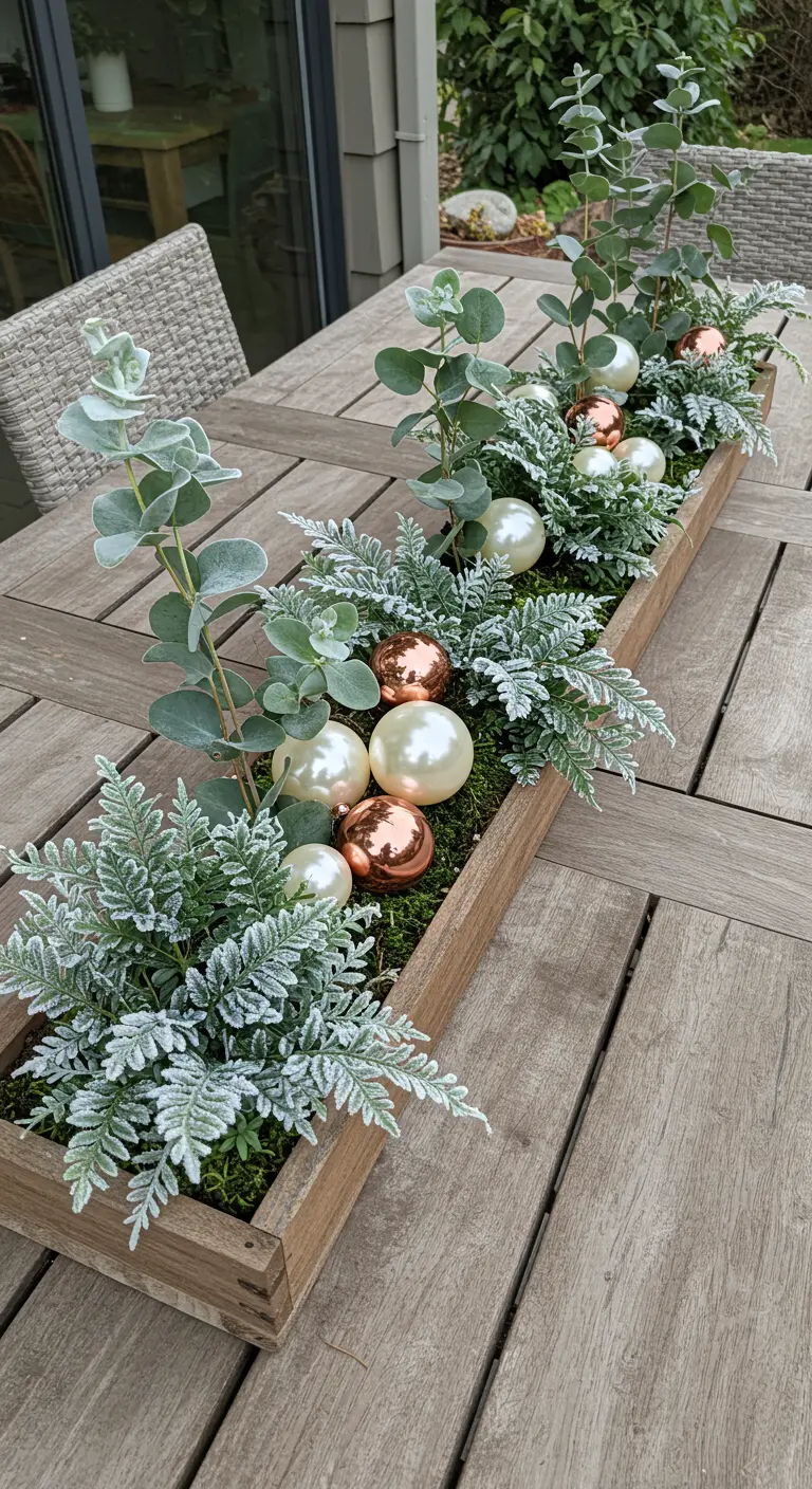 A long wooden planter box on a table with ferns, eucalyptus, and baubles.