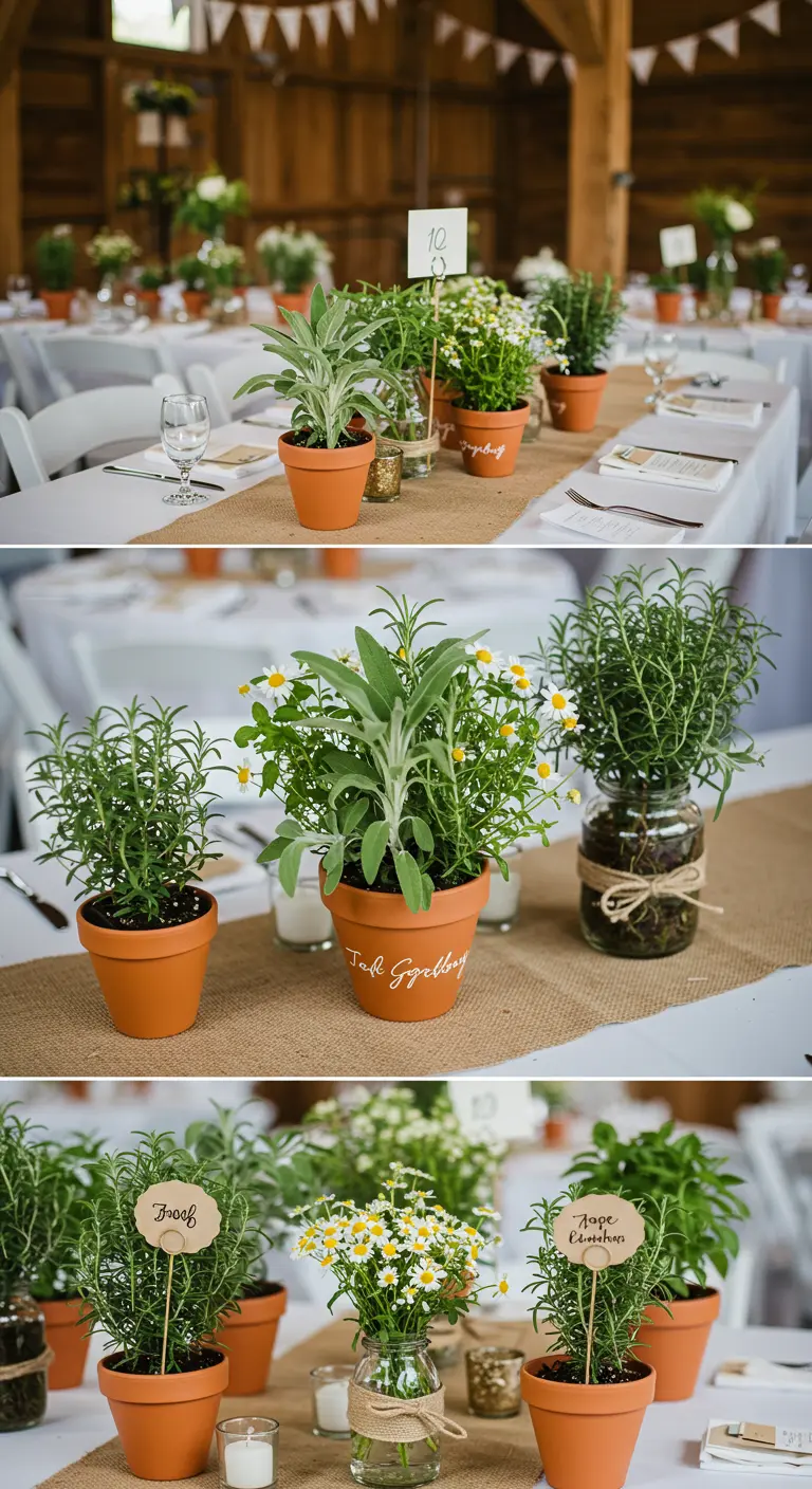 Potted herbs like rosemary and sage used as wedding table centerpieces.