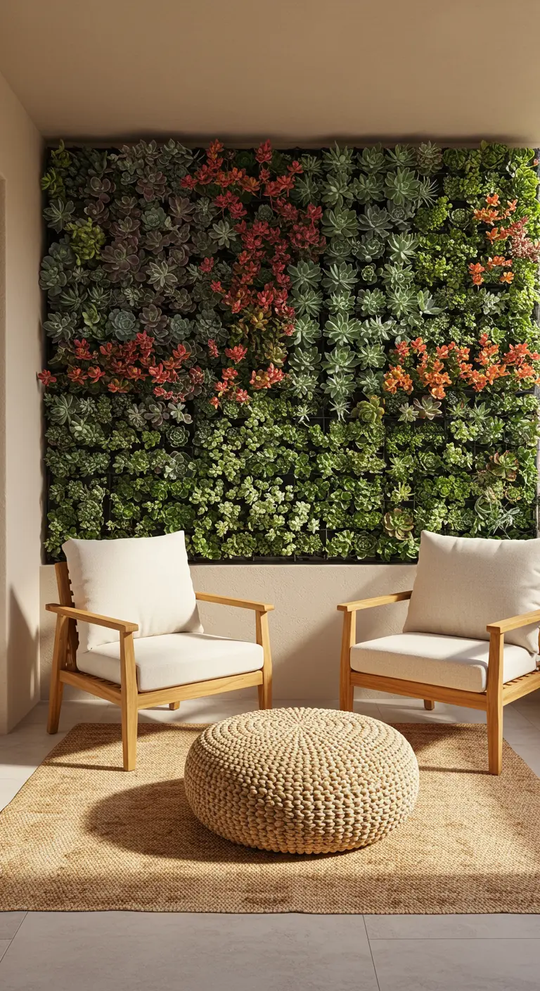 A dense vertical wall covered in a variety of colorful succulents.