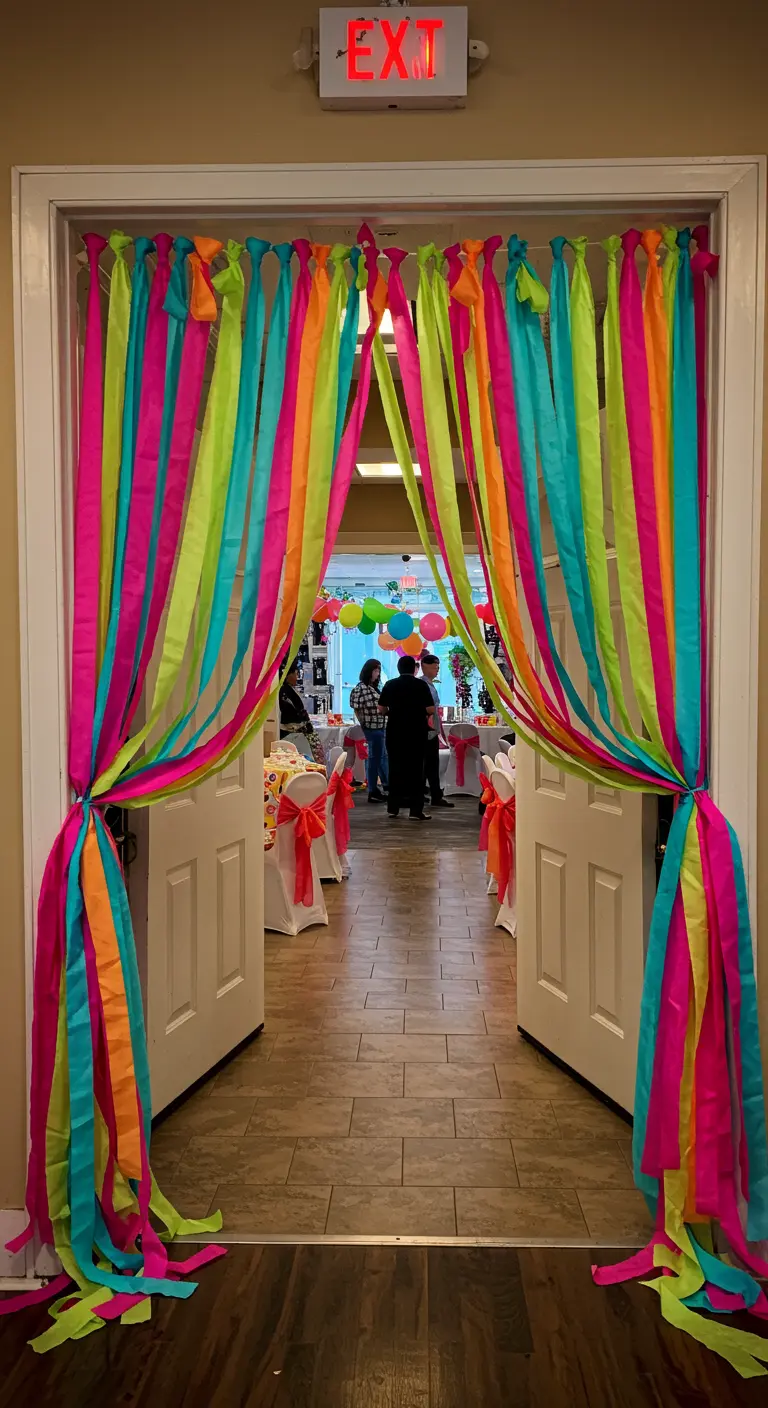 A doorway framed with long, bright neon pink, green, and blue streamers.