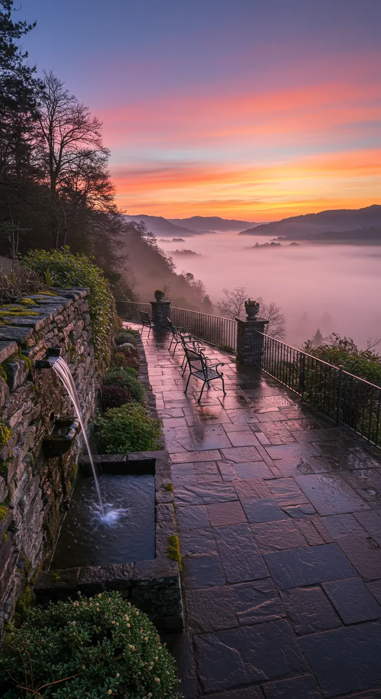 Terrace fountain overlooking a misty mountain valley at sunset.