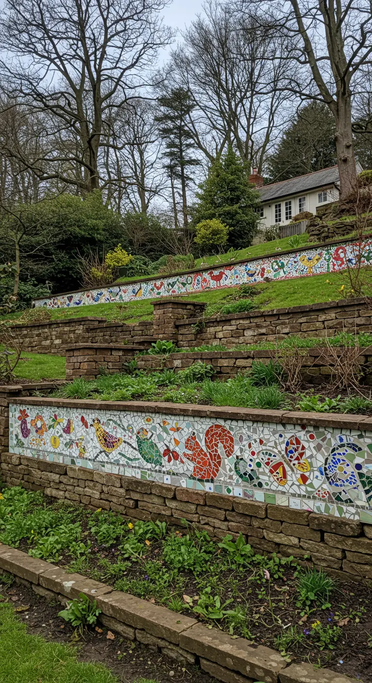 A long stone retaining wall on a hillside decorated with a colorful mosaic of animals and flowers.