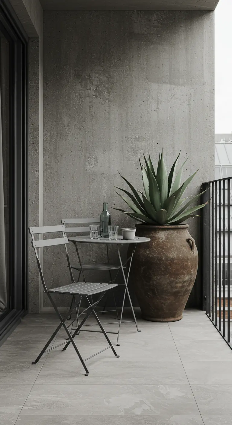 A gray bistro set next to a massive terracotta pot with a large agave plant on a concrete balcony.
