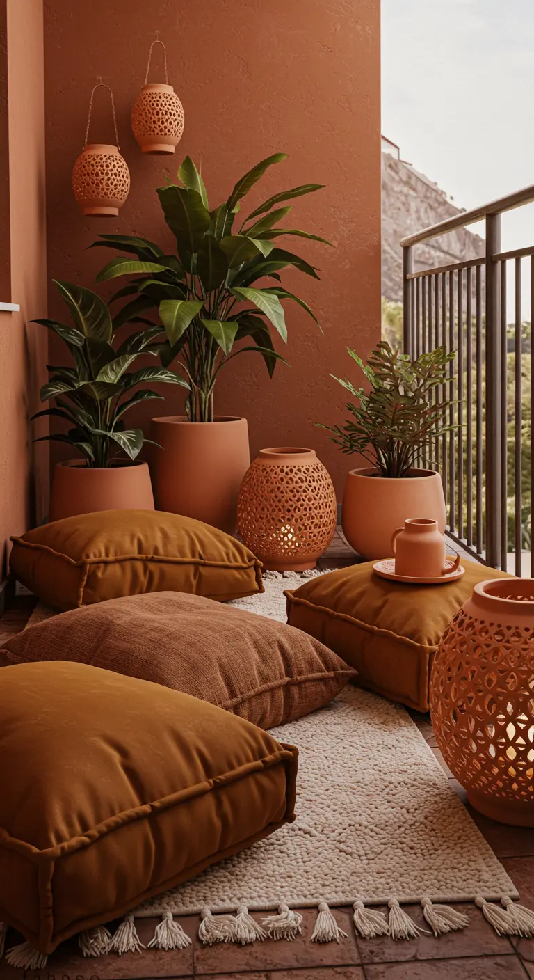 A balcony with terracotta-colored walls, large floor cushions, and terracotta planters and lanterns.