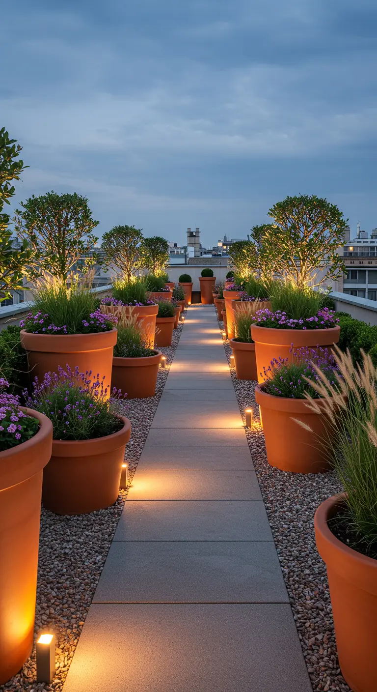 A path on a rooftop lined with numerous terracotta pots of varying sizes, lit from below.