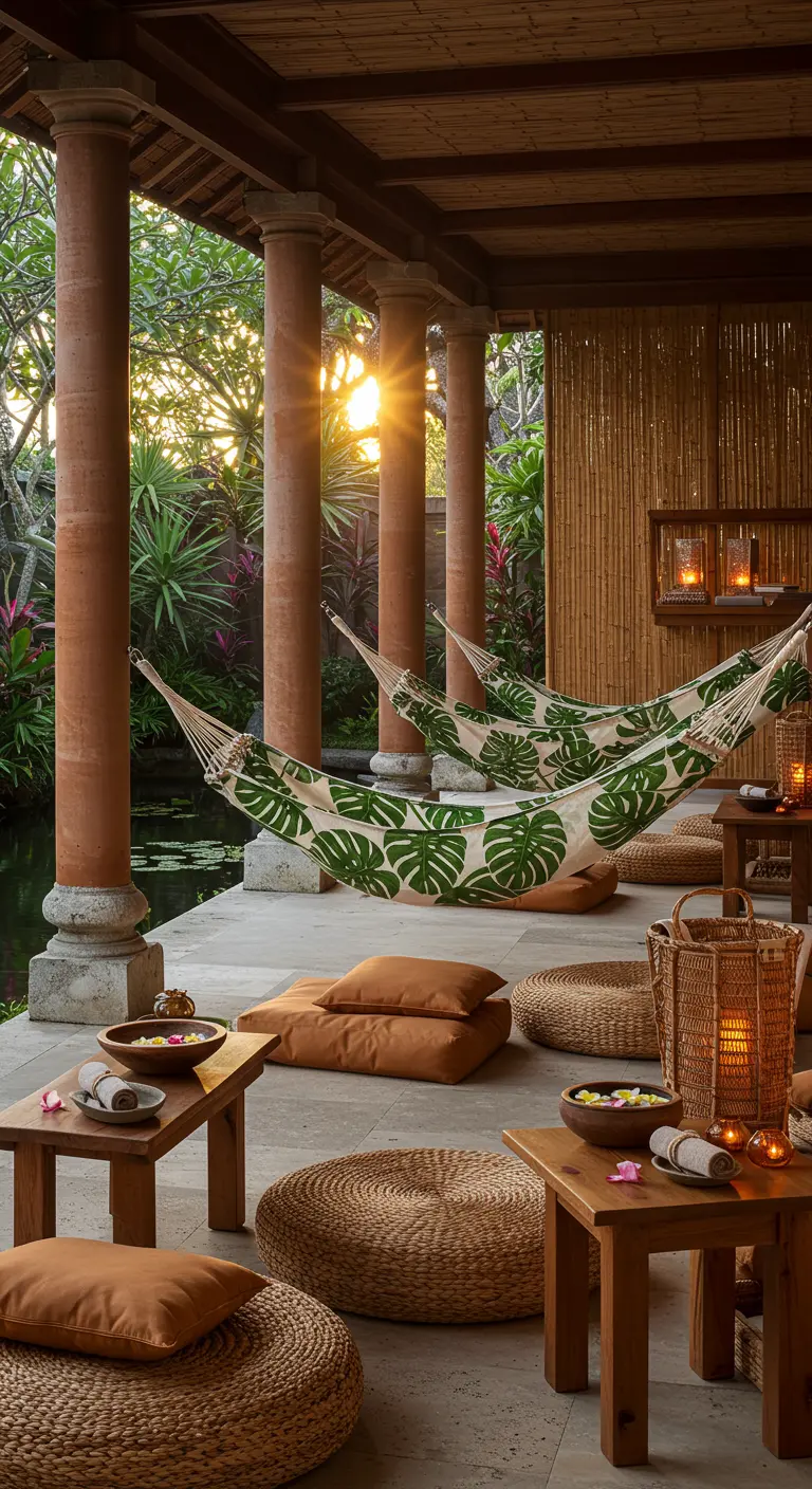 Two Monstera-print hammocks hanging between terracotta pillars on a stone patio at sunset.