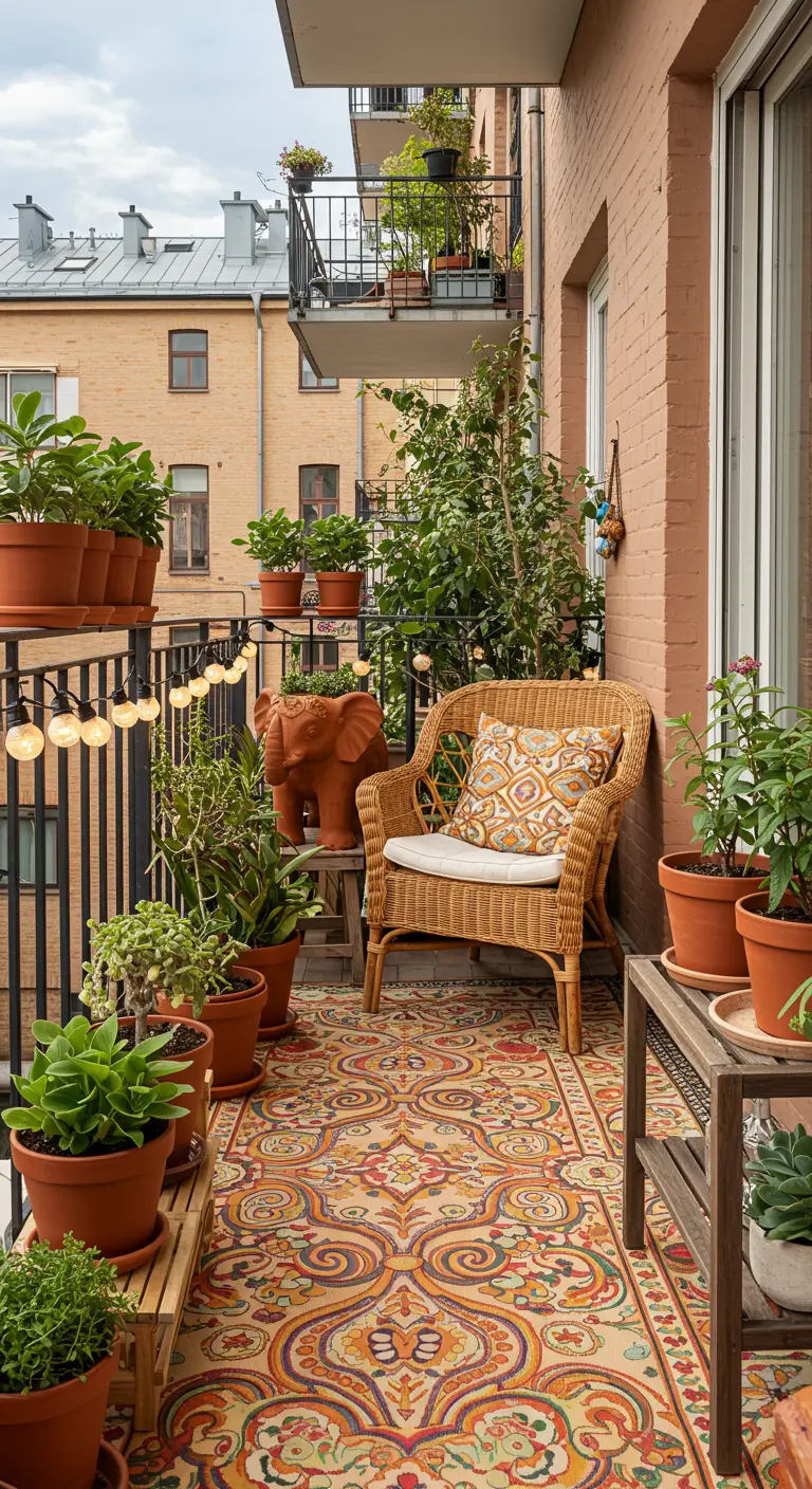 Narrow balcony filled with terracotta planters, a wicker chair, and a colorful rug.