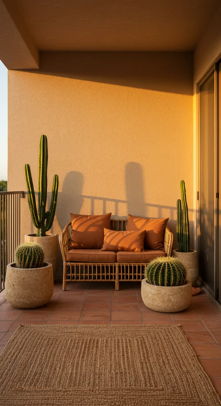 Balcony with a rattan sofa, terracotta cushions, and three large cacti in sandstone planters.