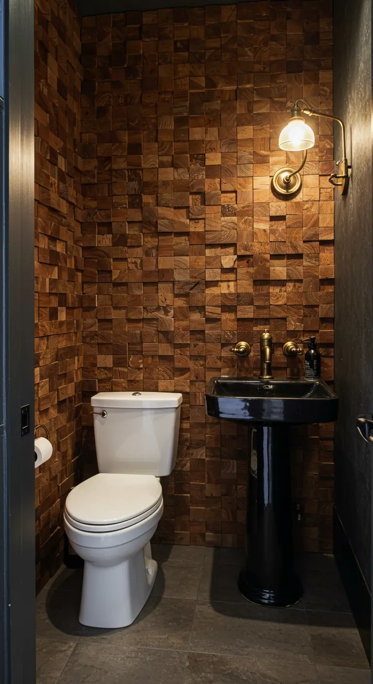 Powder room with a 3D accent wall of wood blocks, a black pedestal sink, and a brass light.