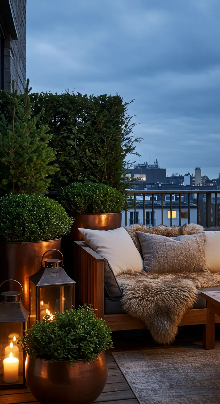 A city balcony with a wooden sofa covered in a sheepskin throw, surrounded by copper planters.