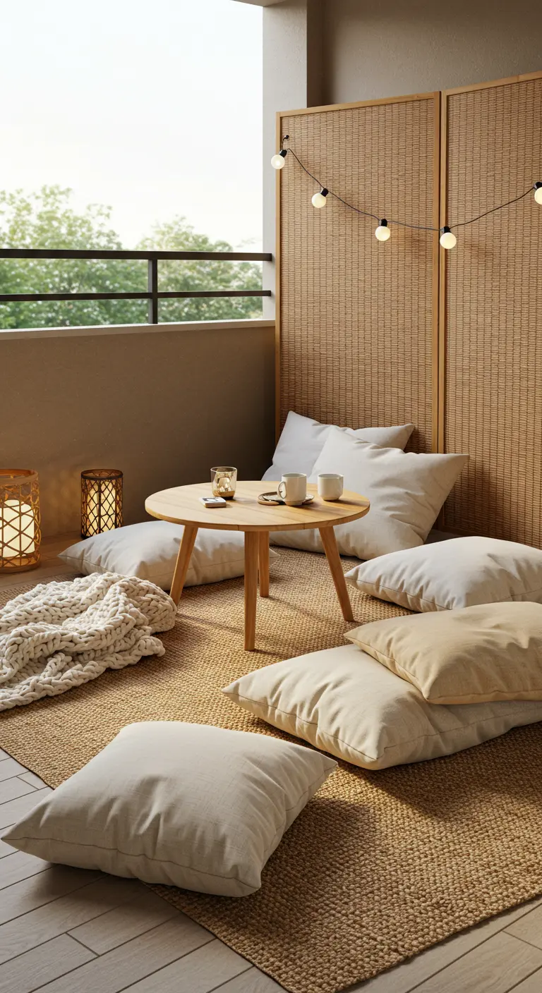 A cozy balcony corner with a jute rug, layers of floor pillows, and a knit throw.