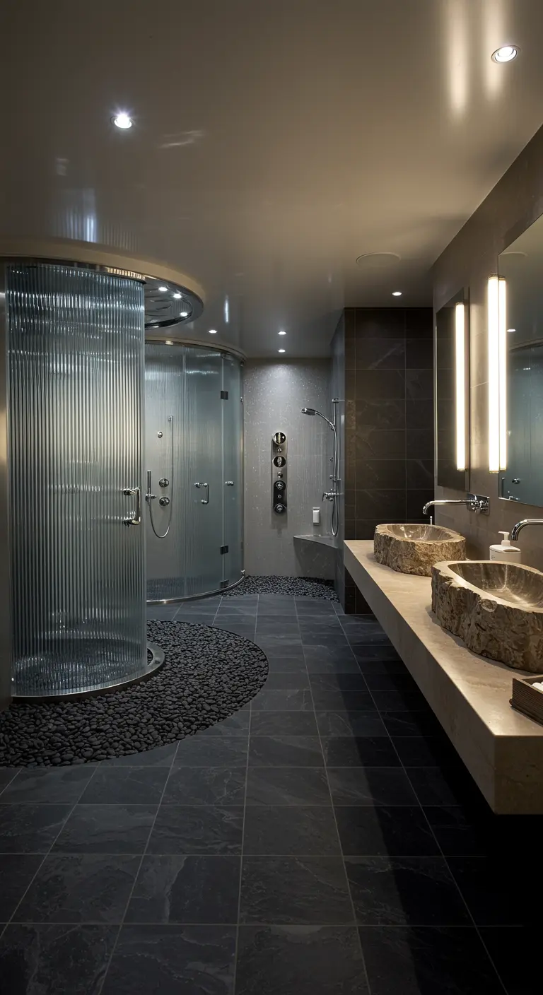 Modern bathroom with a round, fluted glass shower, stone sinks, and a dark pebble floor accent.
