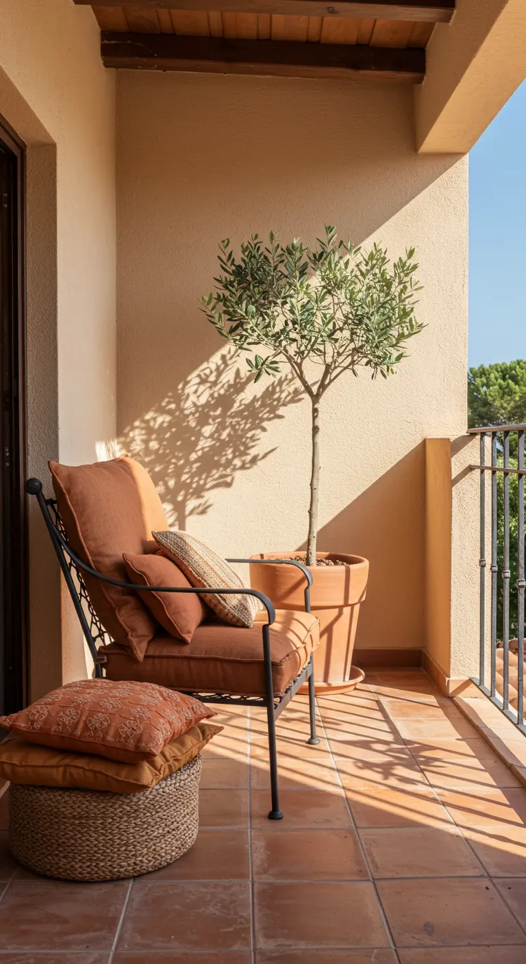 A cozy balcony corner with a cushioned armchair, layered pillows, and a rattan pouf.