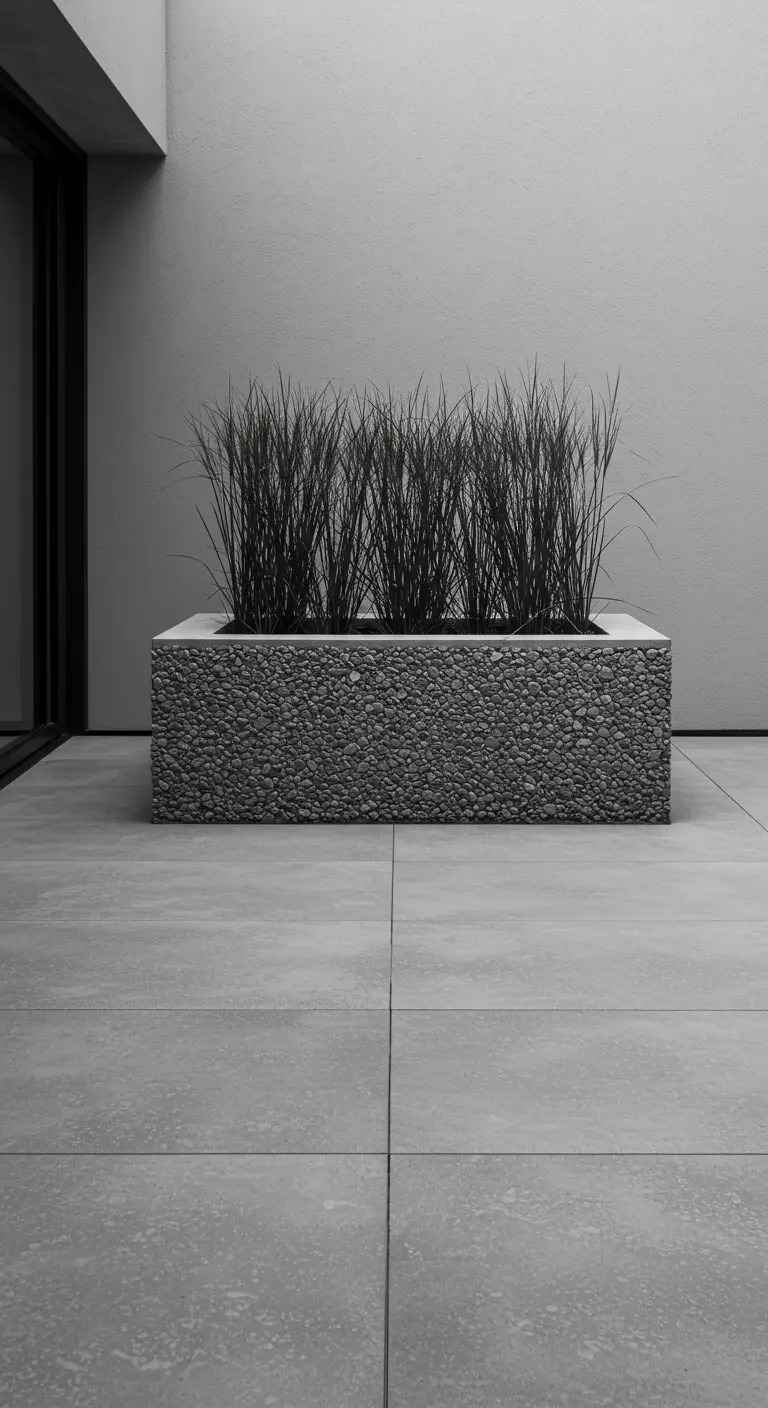 A rectangular concrete planter covered in small, dark grey pebbles on a minimalist patio.