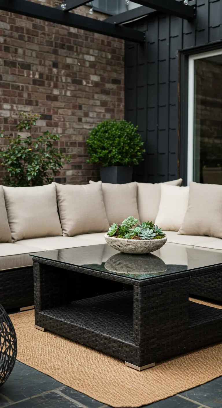 A dark wicker coffee table on a jute rug, with a stone bowl of succulents as a centerpiece.