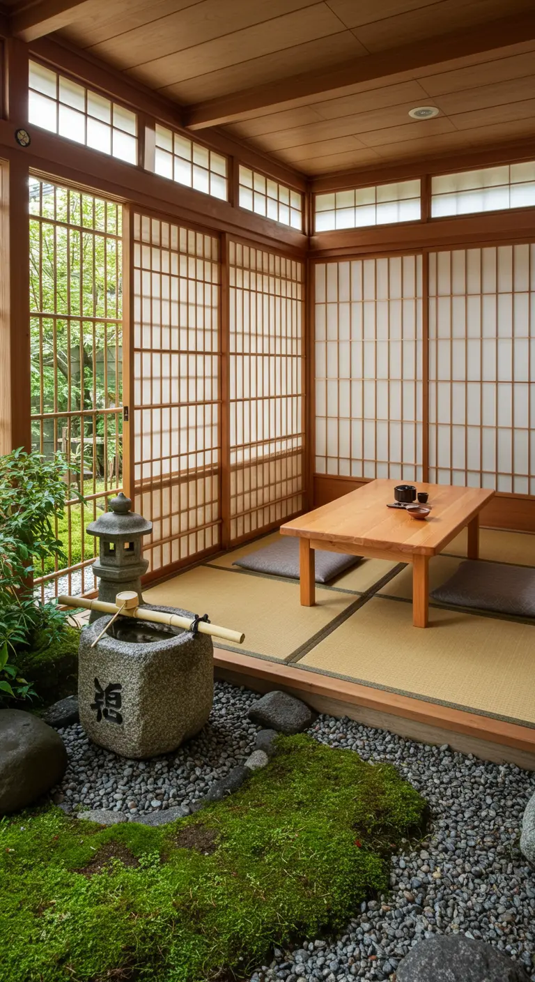 Japanese-style room opening to a moss garden with a stone water basin.