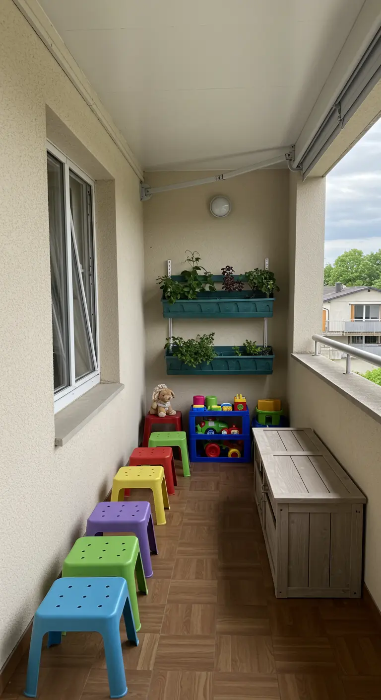 A child-friendly balcony with colorful stools, a storage bench for toys, and wall planters.