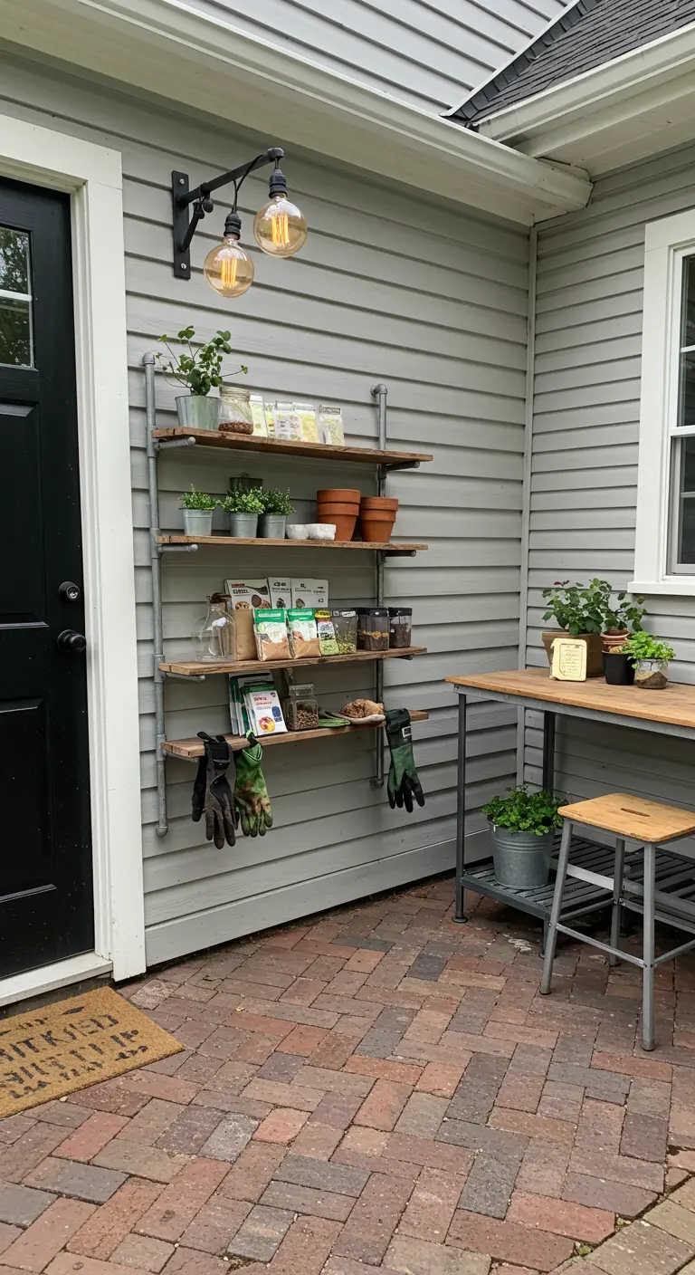 A practical pipe shelving unit next to a back door, organized with seed packets, pots, and gardening gloves.