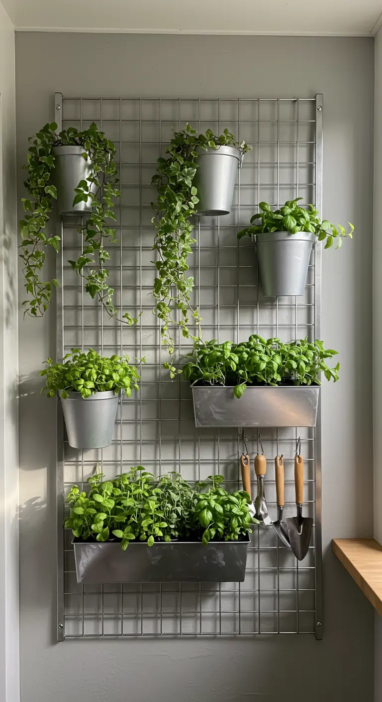 A metal wall grid holding silver pots of herbs and hanging garden tools.