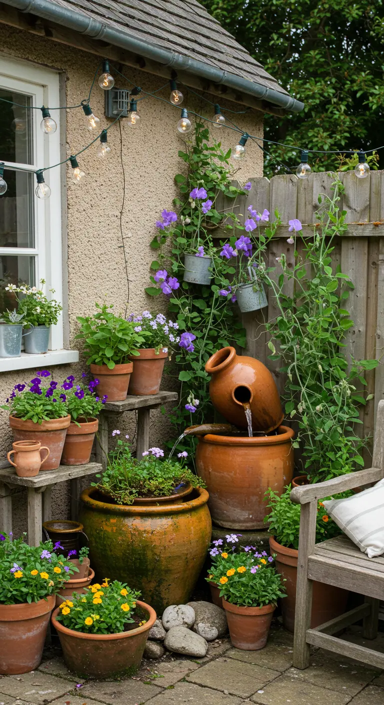 A cottage garden corner with tiered terracotta pots, purple flowers, and an urn fountain.
