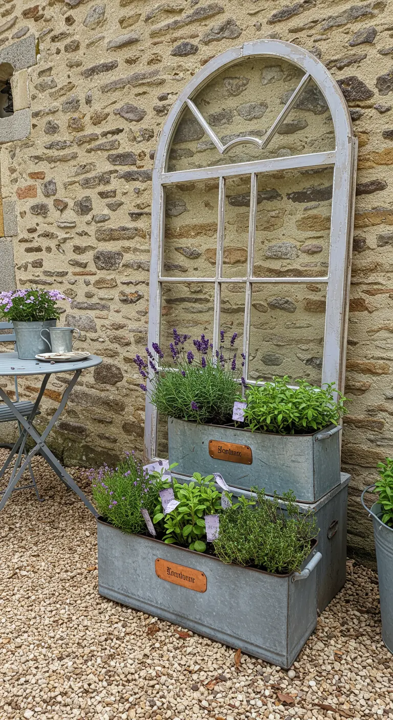 Two tiered galvanized planters with herbs and lavender, with a large arched window frame leaning behind them.