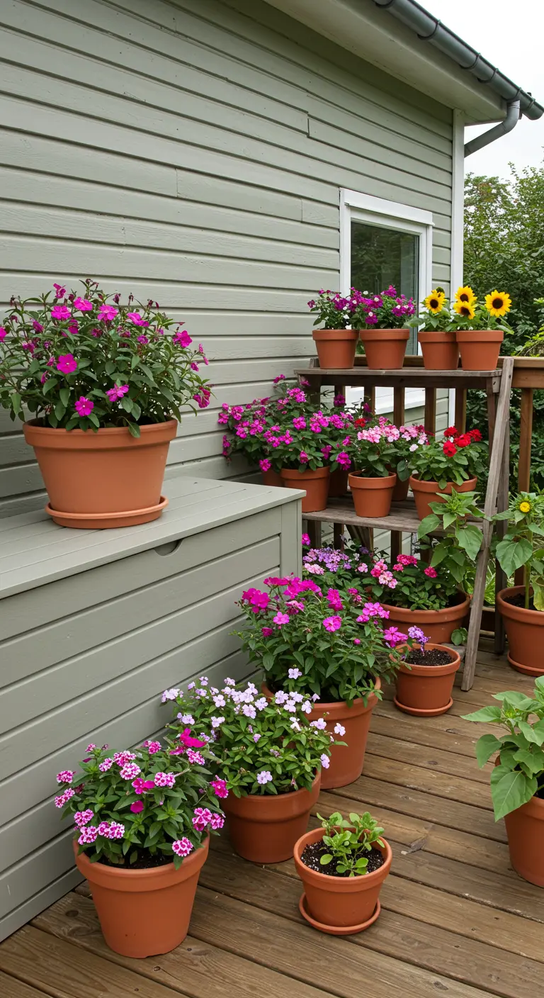 A wooden deck with a tiered plant stand filled with pink and purple flowers in terracotta pots.